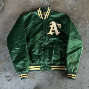Vintage 80s Starter Oakland Athletics Green Bomber Satin Jacket Medium MLB